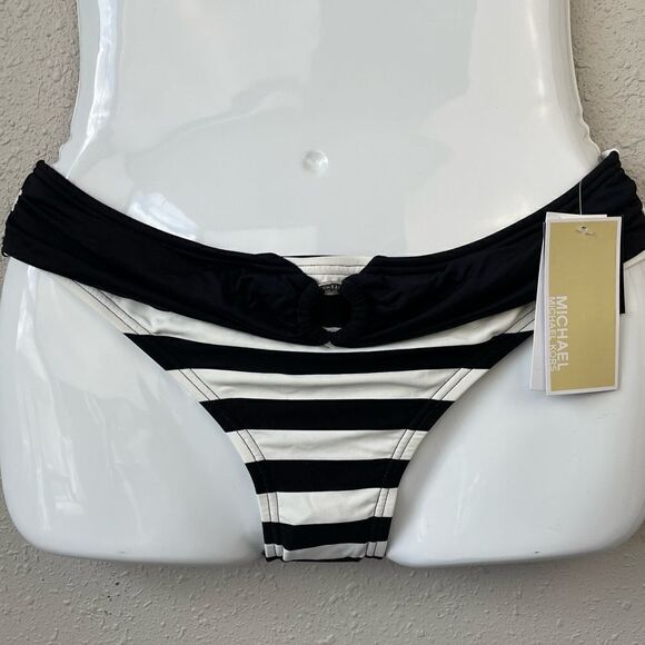 NWT MICHAEL Michael Kors Black and White Striped Bikini Bottoms XS, S, or L - Picture 1 of 3